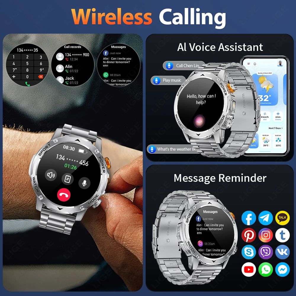 LIGE Smart Watch Outdoor 1000mAh Long Standby Smartwatch Man LED Flashlight Waterproof Heart Rate Sport BT Call Smartwatches Men