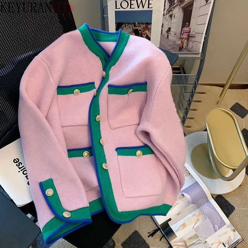 Contrast Color Edge V-neck Knitted Cardigan Women\'s Autumn Winter Vintage Korean Fashion Thickened Sweater Jacket Gothic Clothes