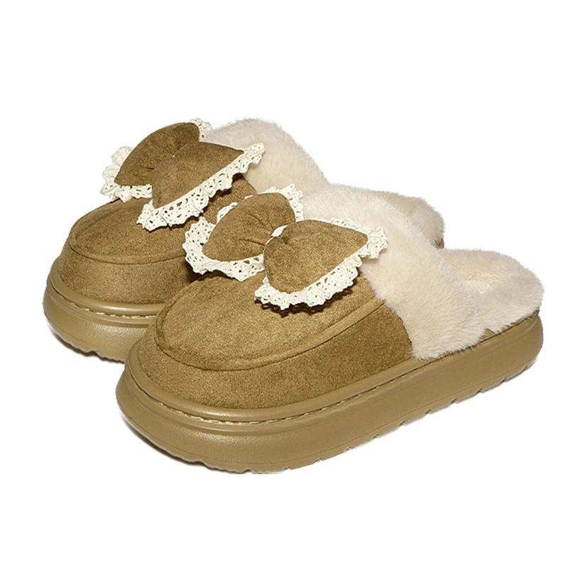 Fashion Bowknot Fluffy Slippers Women Indoor Thick Platform Soft Warm Cotton Slides Woman Autumn Winter Anti Slip Plush Slippers