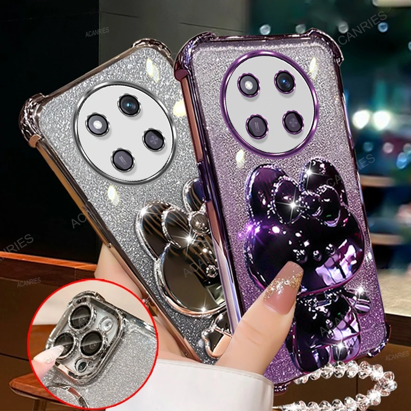 Mirror Rabbit Stand Clear Silicone Soft Case with Plating & Bead Chain - Anti-Fall Four Corners Protection