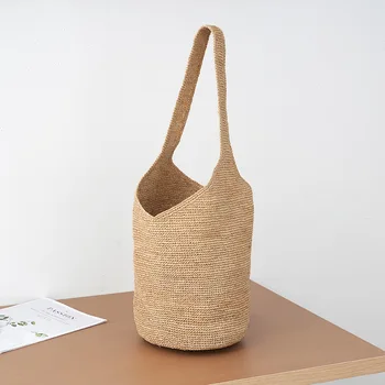 Borsa a secchiello in paglia intrecciata a mano da donna, stile boho, grande capacità, borsa a tracolla, borsa estiva da spiaggia per vacanze, borsa casual per il pendolarismo quotidiano