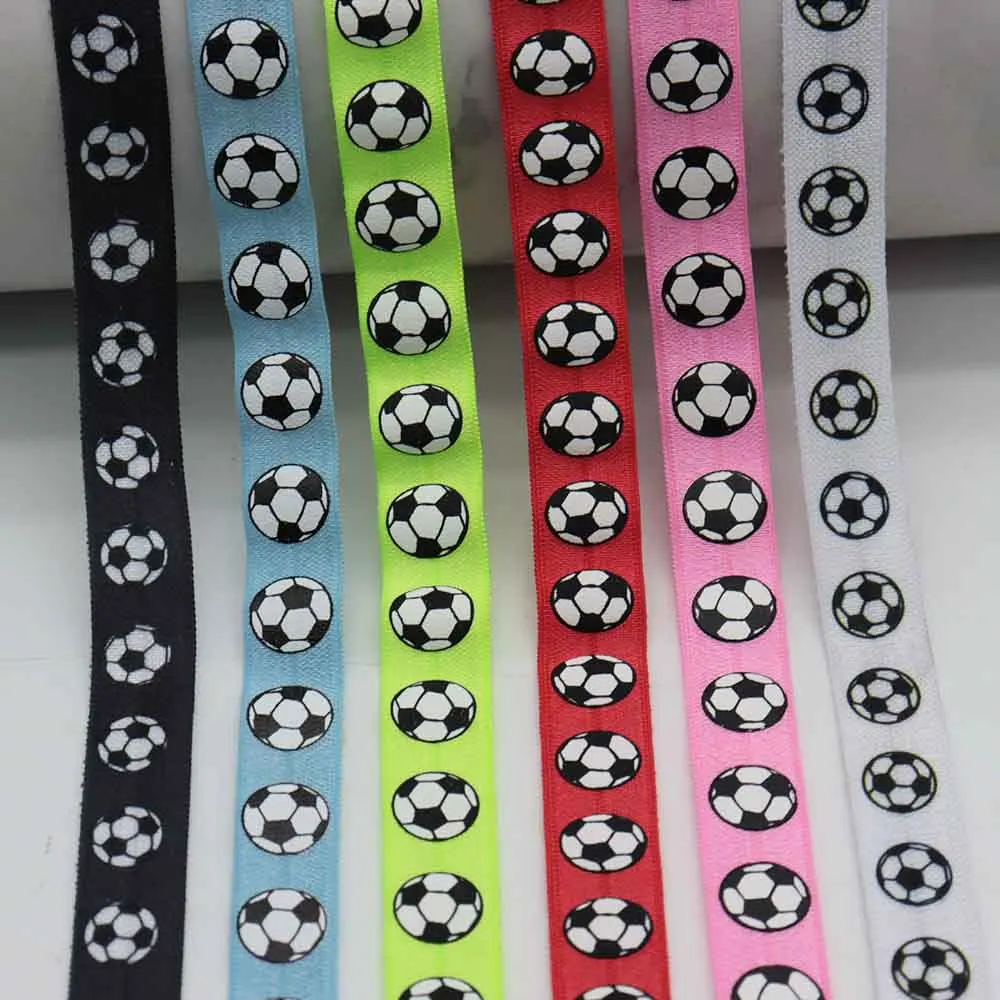 5/8" 15mm Soccer Football Sports Printed Fold Over Elastic Band FOE Ribbon For Sports Headband DIY Sewing Accessories