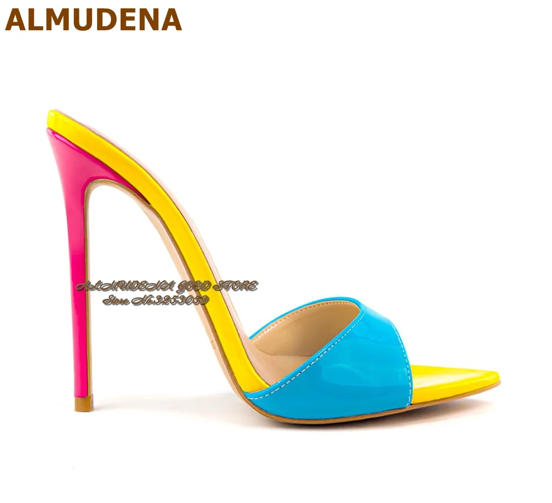

ALMUDENA Pink Sky High Heels Modern Slippers Glossy Mirrow Leather Patchwork Sandals Pointed Toe Shallow Dress Pumps