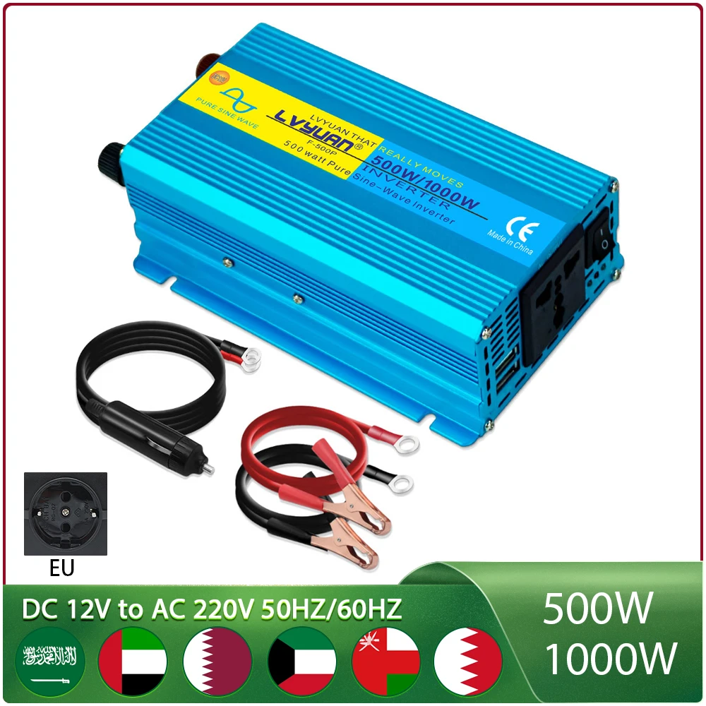 Solar Inverter DC12V Pure Sine Wave Inverter 500W/1000W High Car Power AC 220V Voltage 50/60HZ Converter Solar Transformer