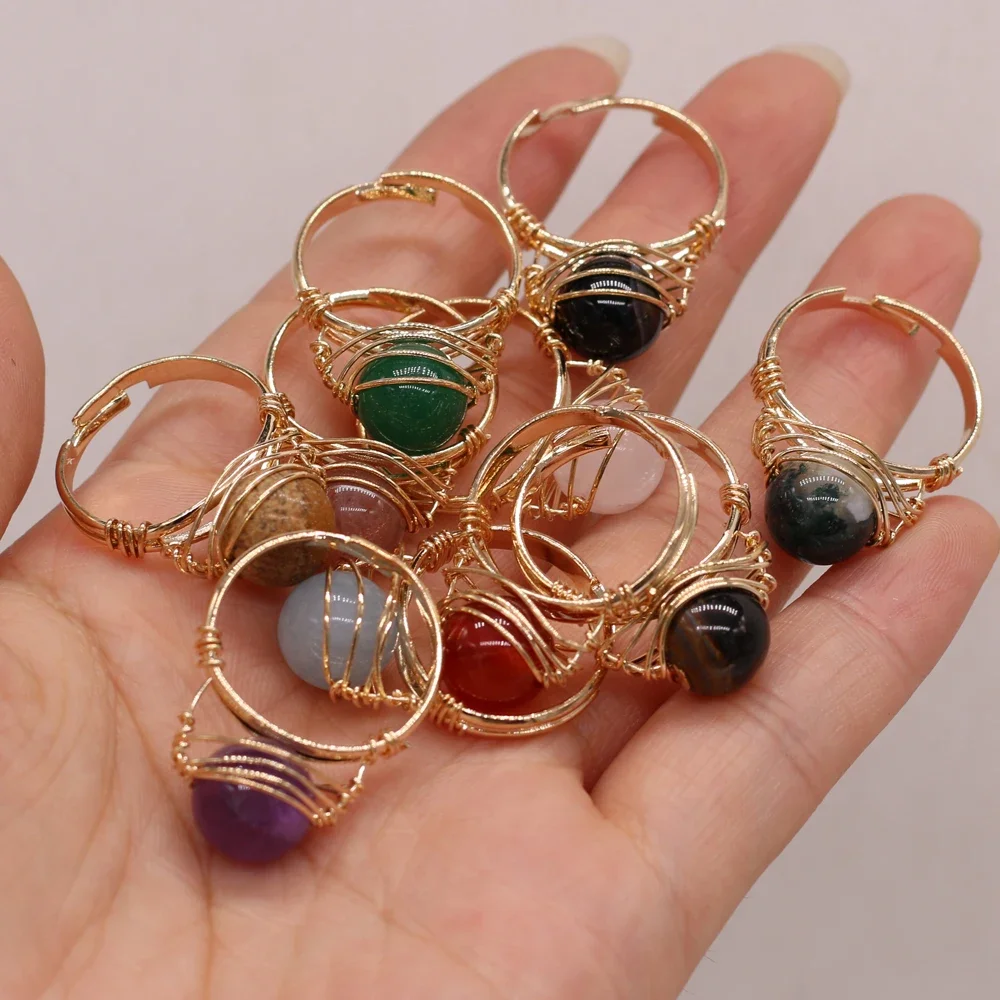 Natural Gems Stone Fashion Wire Wrapped Rings Reiki Healing Amethyst Agate Jade Tiger Eye Stone Resizable Ring Wedding Jewelry - 6
