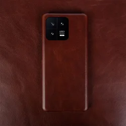 Premium Oil Wax Genuine Leather Retro Shockproof Phone Case - Stylish Protective Cover for Xiaomi 14 (Dark Brown 05)
