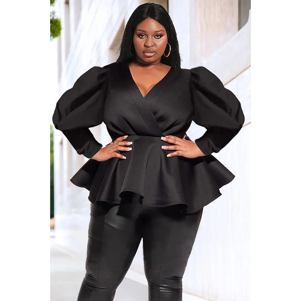 Plus Size Semi Formal Blouse Black Puff Sleeve Wrap Neck Long Sleeve Blouse women tops blouses 2019 autumn elegant long sleeve solid v neck black chiffon blouse female work wear shirts blouse plus size