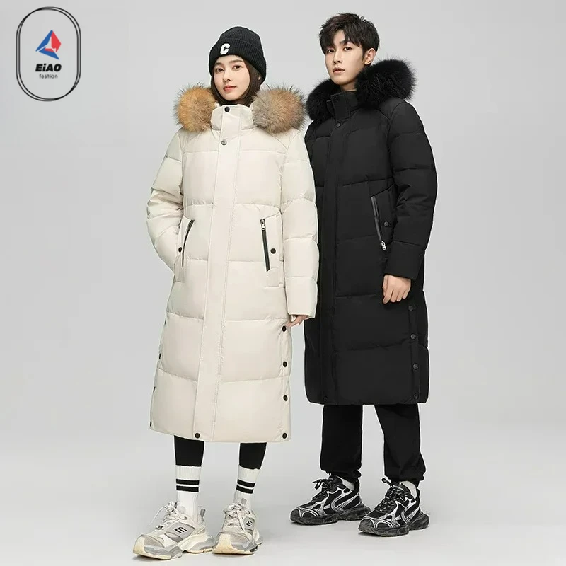 Comxz Fashion Men Long Down Jacket Winter 2026 Brand Classic Fur Collar Hooded Duck Down Coat Snow Hiking Cold-proof Warm Parka