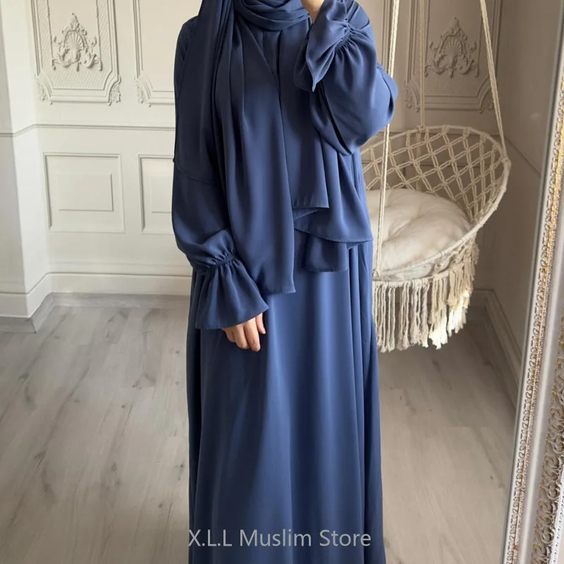 Eid Ramadan Plain Abaya With Integrated Hijab Scarf Women's Prayer Garment Muslim Dubai Kaftan Islam Robe Clothing Djellaba