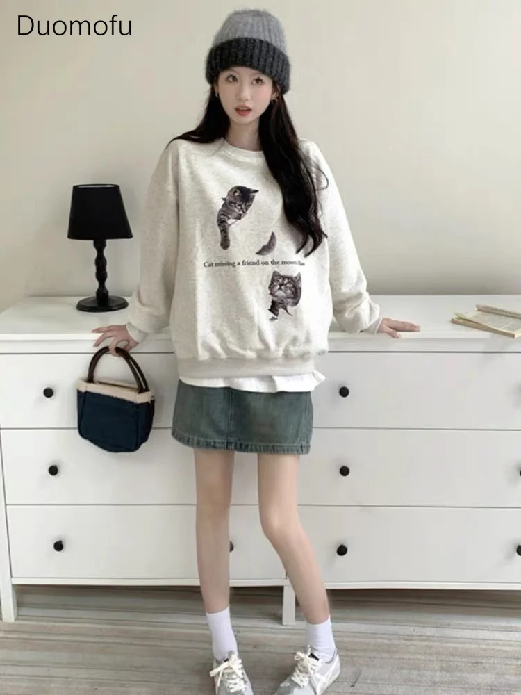 Duomofu New Harajuku Cute White Sweatshirt Women Japanese Style Cat Long Sleeve Pullover Y2k Kpop Streetwear Oversize Loose Tops