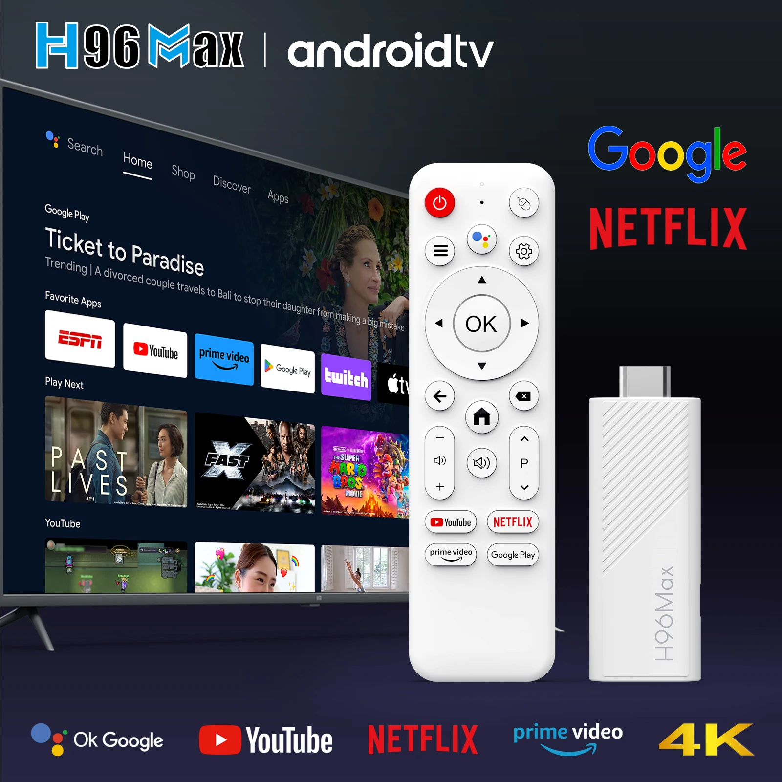H96 Max H313 TV Stick Android 14.0 Support 4K Wifi6 BT5.0 Quad Core ARM Cortex A
