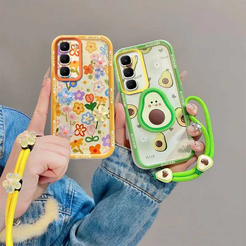 3D Floral Full Screen Phone Case with Wrist Strap Cover