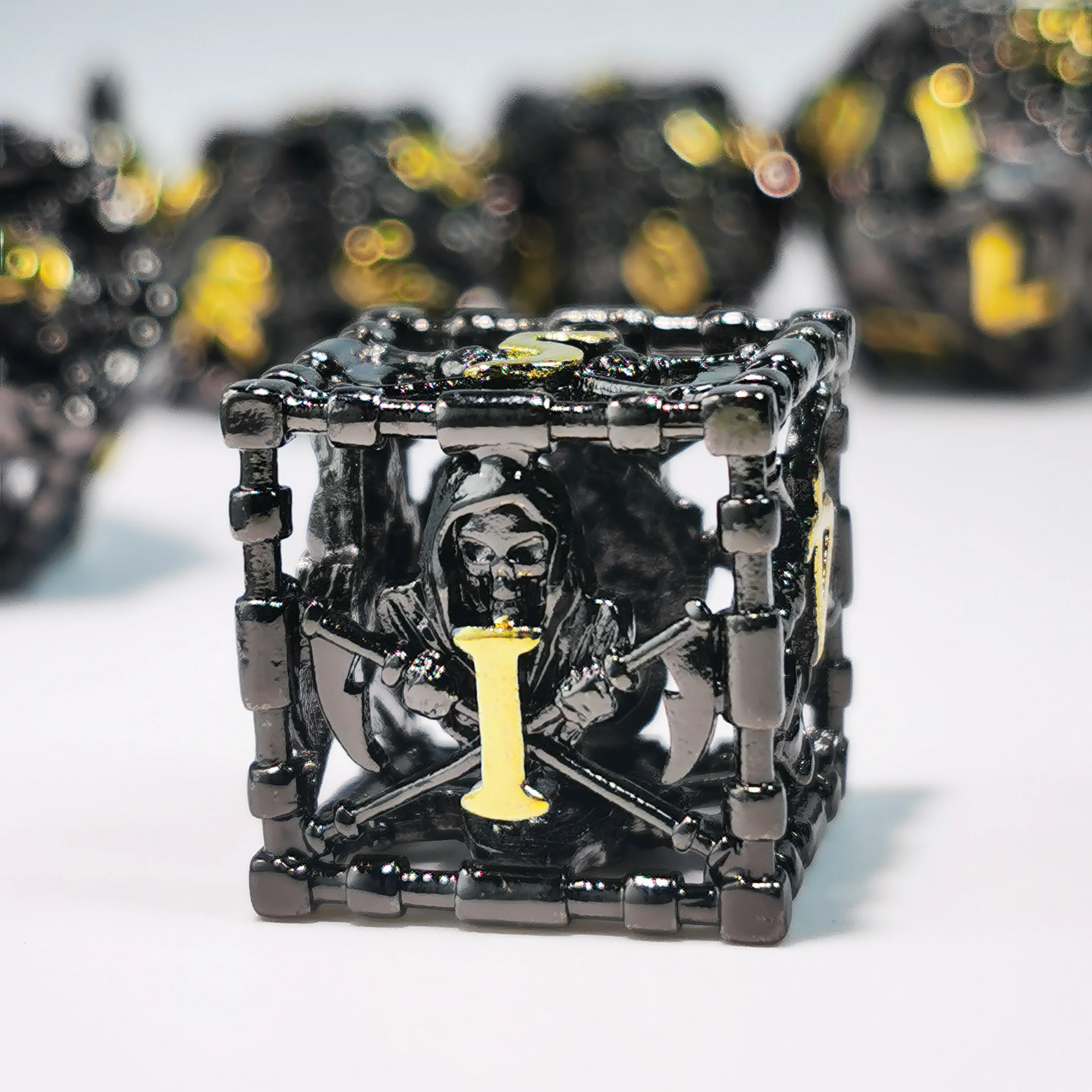 DnD Metal Dice Set - 7 Piece Zinc Alloy Polyhedral Dice, Yellow Patterned for RPG, Dungeons & Dragons Tabletop Games 2
