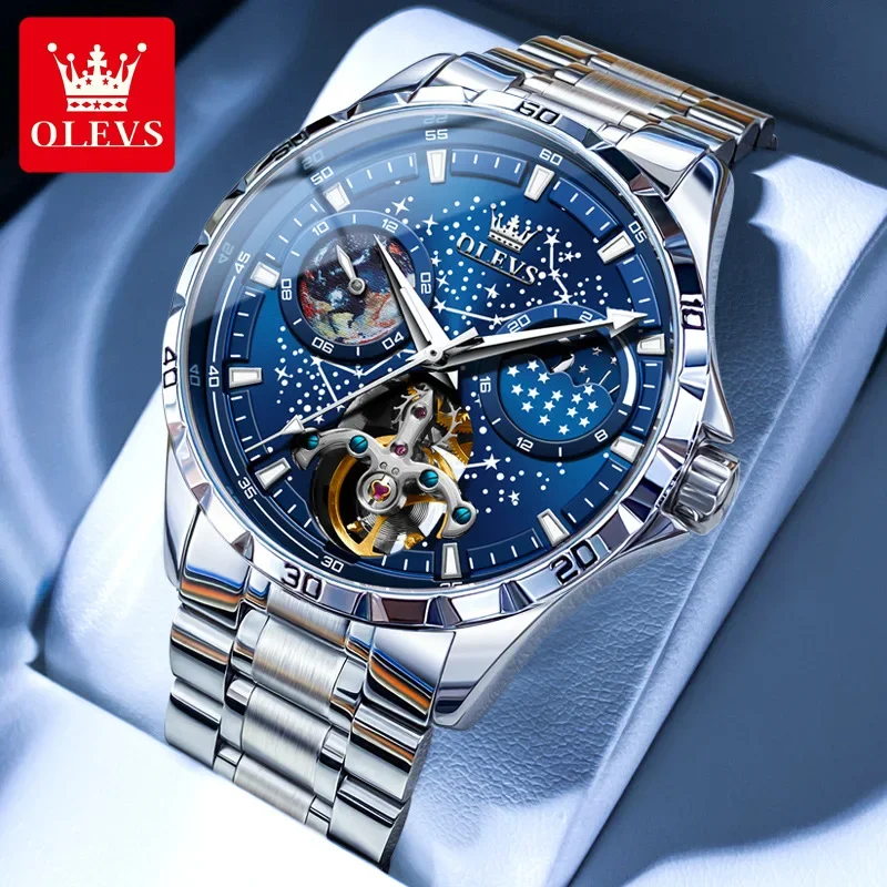 

OLEVS 6689 Automatic Mechanical Men's Watches Waterproof Multifunctional Luminous Moon Phase Starry Disk Watches for men