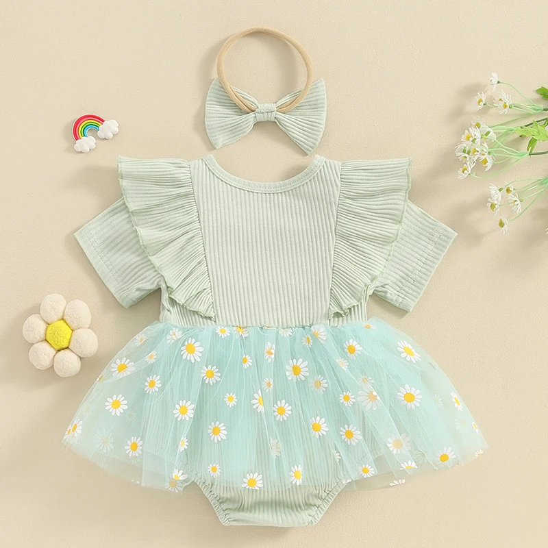 

Baby Girls Daisy Romper Bowknot Bodysuit Headband Short Sleeve Playsuits Floral Jumpsuit Infant Summer Clothes