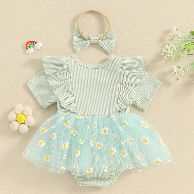 

Wociccou Aunties Bestie Baby Girl Clothes Newborn Infant Romper Bodysuit Ruffle Short Sleeve Daisy Patchwork Dress