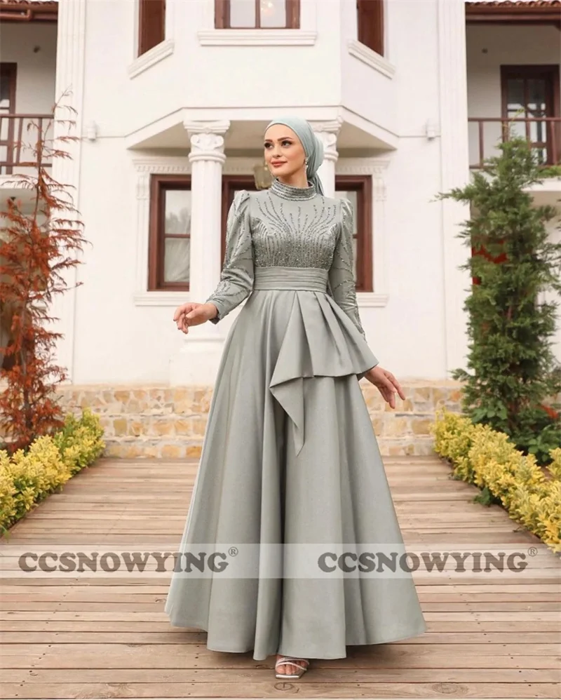 

Satin Appliques Beaded Muslim Evening Dresses Full Sleeve High Neck Hijab Islamic Women Formal Party Gown A Line Robe De Soiree