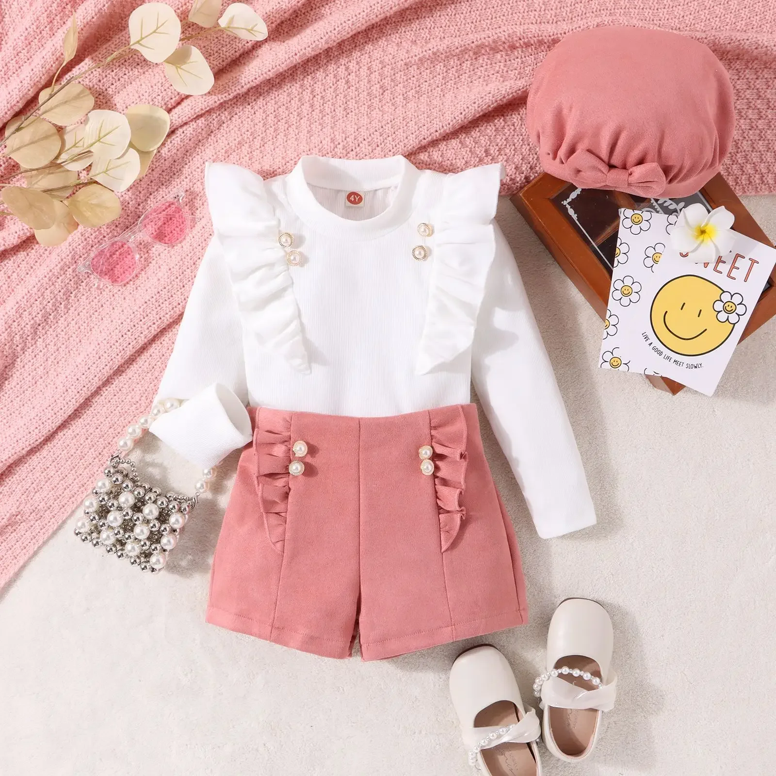 

4-7T Childrens Clothing Set Autumn Winter Temperament Lace Long Sleeves+Twist Button Shorts+Bow Hat 3Pcs Kid Sets Girls Clothing