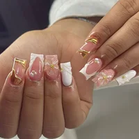 Faux ongles carrés moyens avec colle, 24 pièces, fleurs roses Blush, couverture complète, acrylique français, à pression, pour filles 1