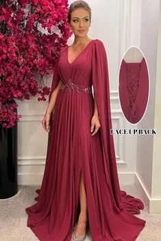 Abiti per la madre della sposa a maniche lunghe per abiti da cerimonia con scollo a V in chiffon con perline