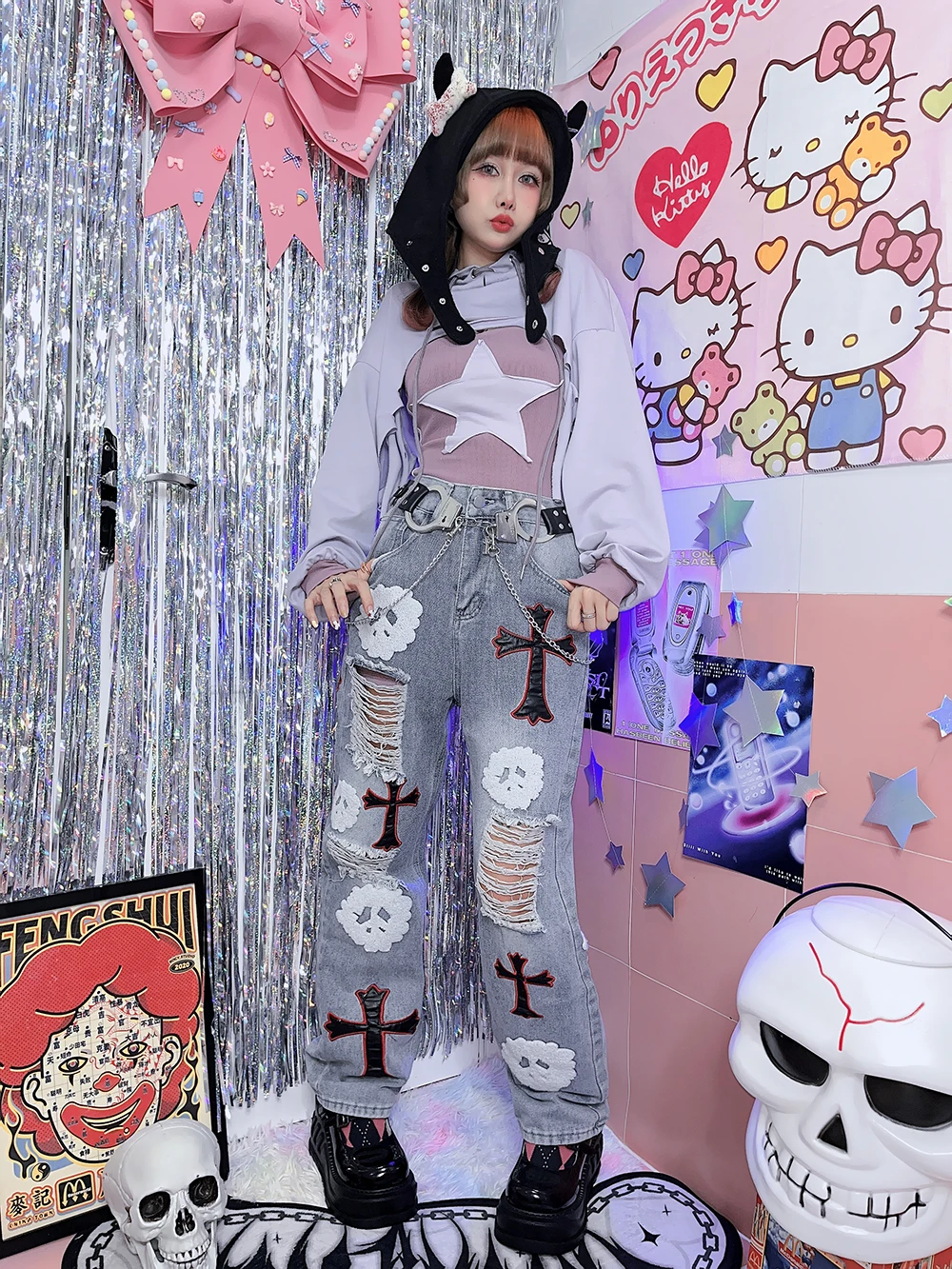 New Harajuku Japanese Y2k Women Skeleton Cross Holes Ripped Jeans Girls Streetwear Gothic Denim Pants Blue Jeans For Women
