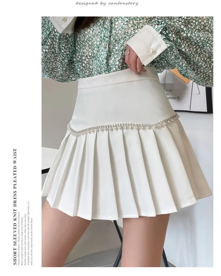 Beaded Pleated Skirts Women Mini Skirt Black White High Waist Slim A-Line Skirt Shorts Casual Zipper Spring Steetwear Korea N120 black maxi skirt