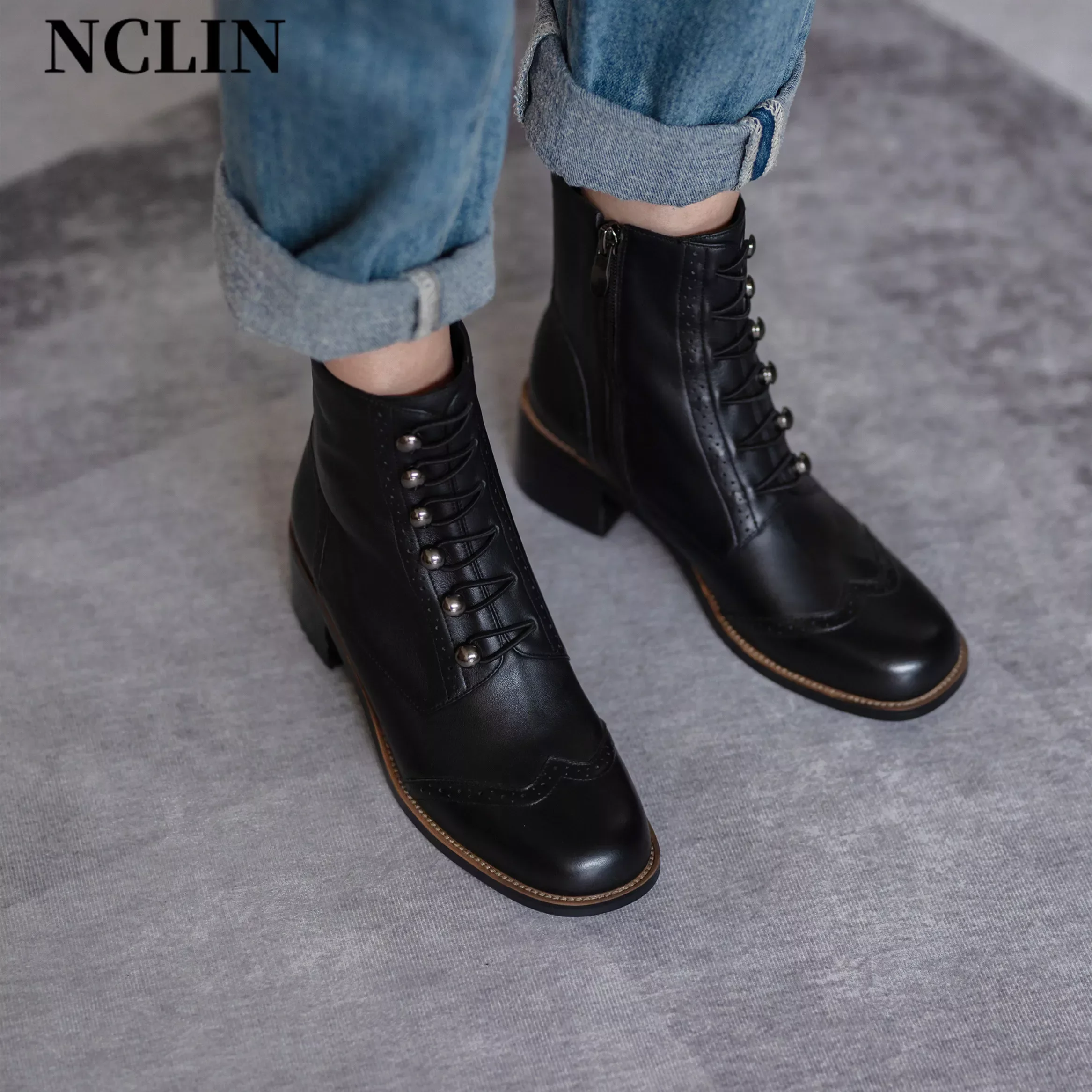 

Genuine Leather Women Boots Winter Carved Brogues Fashion Ankle Boots Round Toe Thick Heel Women Shoes Platform British Style