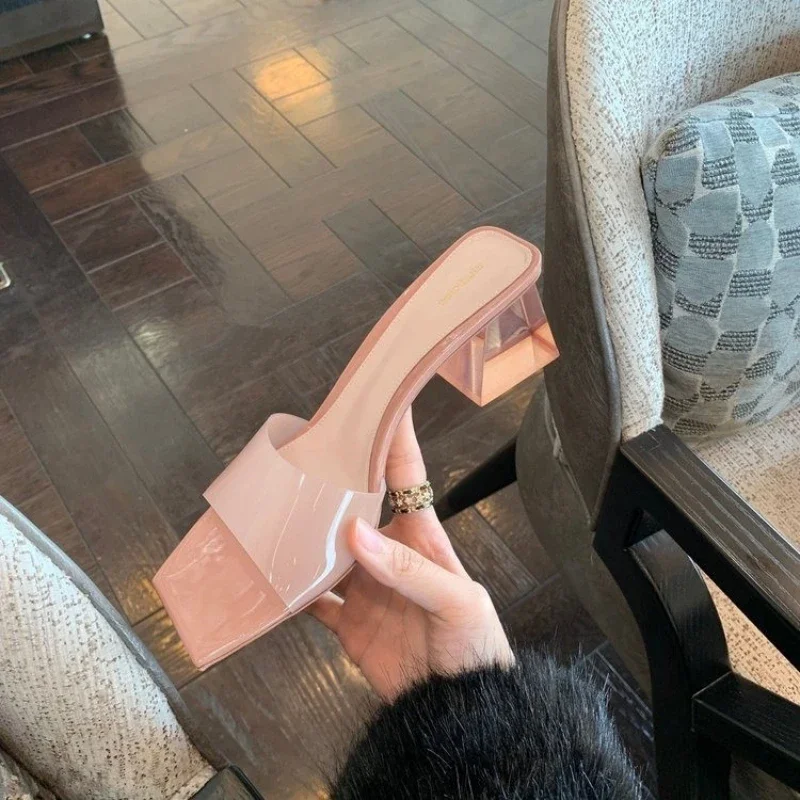 

Сандалии женские на толстом каблуке, брендовые пикантные шлепанцы с квадратным носком, прозрачные, для улицы и дома, летние Тапочки
