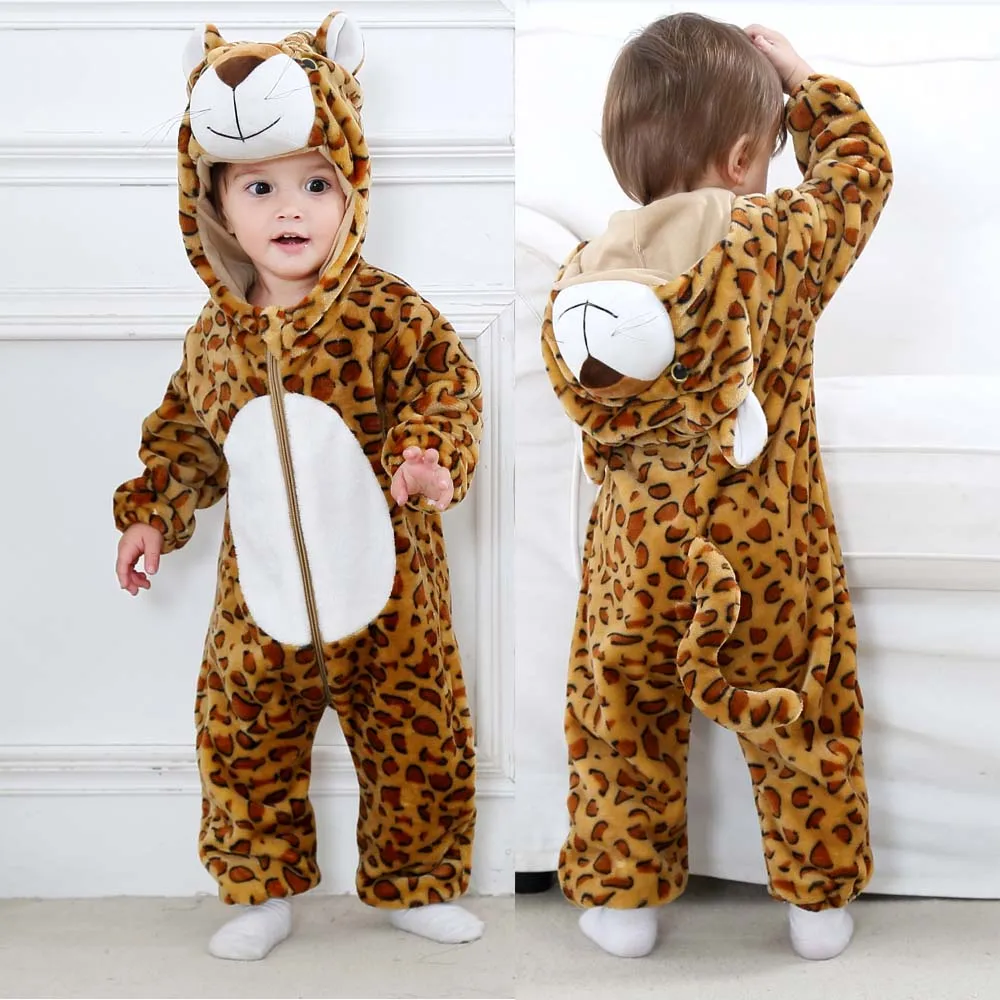 3 to 24M Baby Pajamas One Piece Hooded Zipper Jumpsuits Leopard Panta Tiger Animal Cartoon Baby Rompers Winter Babi Boy Clothes