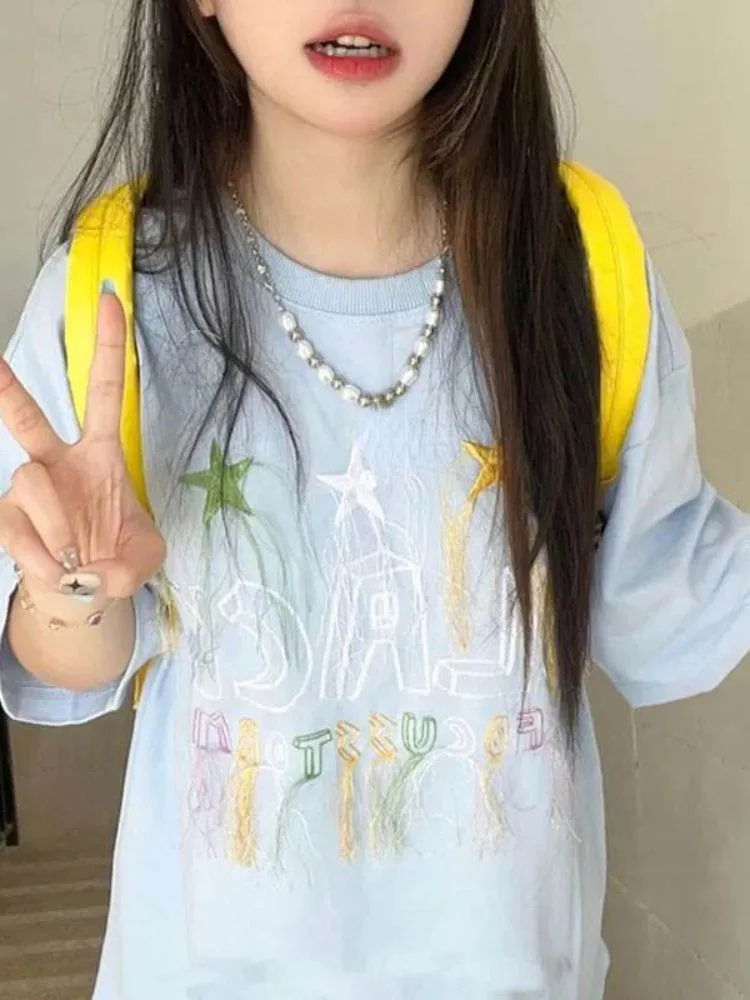 

2023 Summer Embroidery Star Print T-shirts Loose Casual Short Sleeve Tassels Y2k Aesthetic Top Women All Match Harajuku Tees