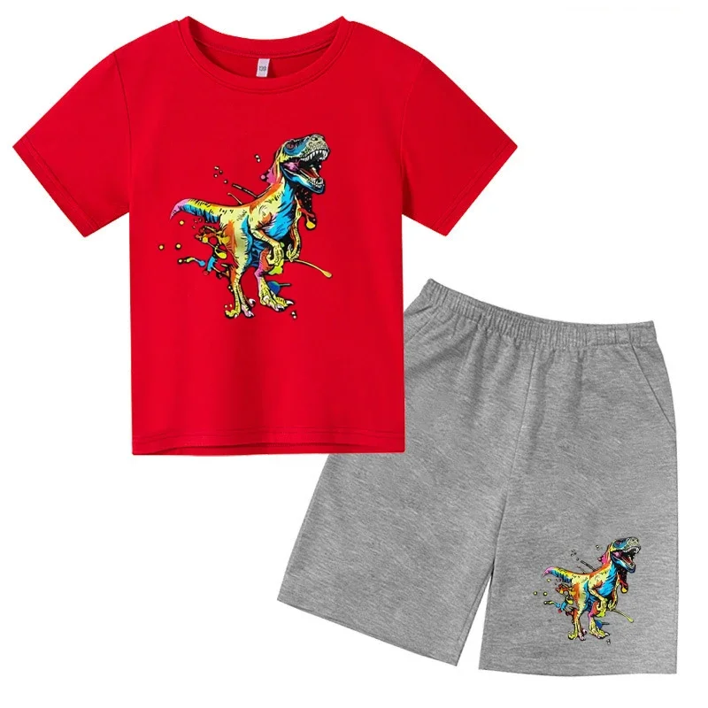 thumbnail image 1 of 2024 Nuevo traje de camiseta con estampado de grafiti para niños, diseño de dinosaurio, camiseta estampada + pantalones cortos, 2 piezas, conjunto de moda para niños y niñas, 1 of 5