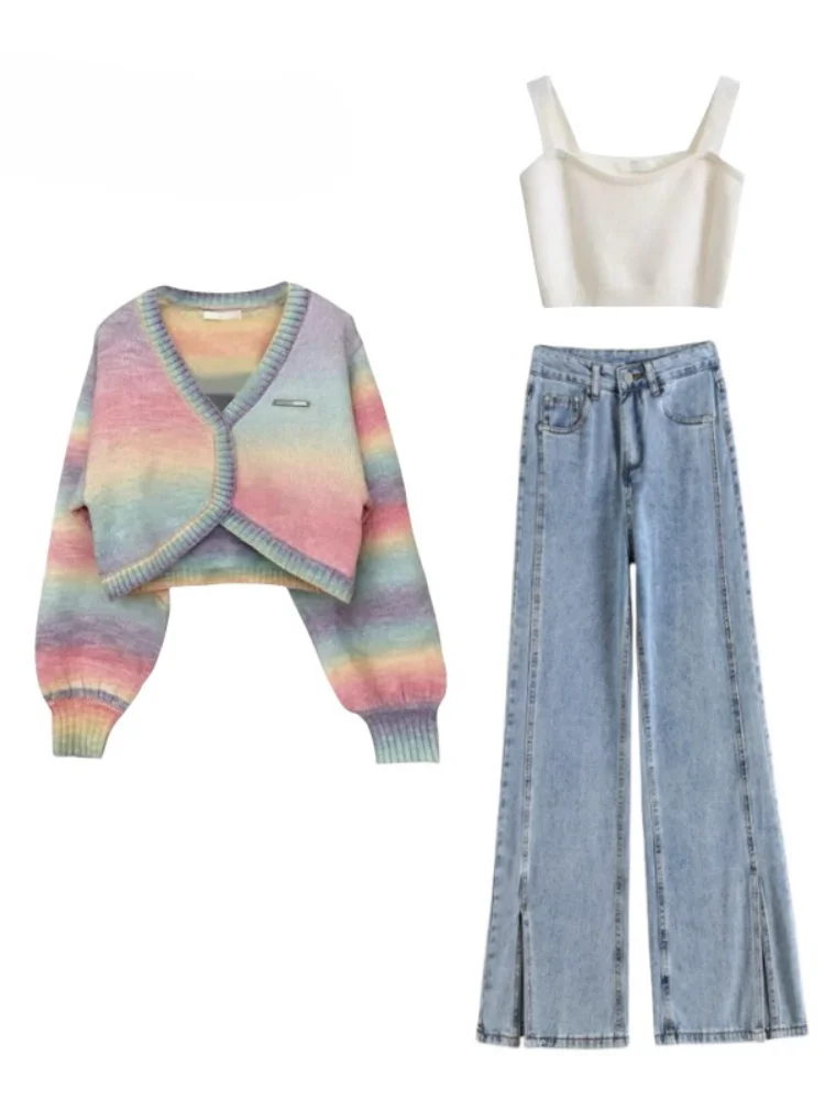 Spring Set Women's 2024 New Large Size Women's Sweetheart Slimming Cardigan Tank Top Versatile Jeans Three Piece Set for Woman