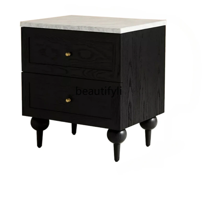 

Solid Wood Bedside Cabinet Cherrywood American Retro Black Stone Plate Bedside Storage Cabinet