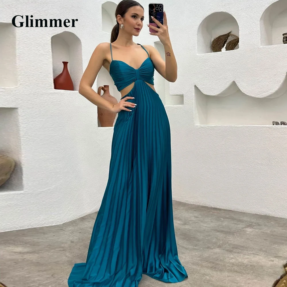 

Glimmer Charming Cut-out Evening Party For Women V-neck Spaghetti Straps Sleeveless A-line Satin Zipper Pleat Robes De Soirée