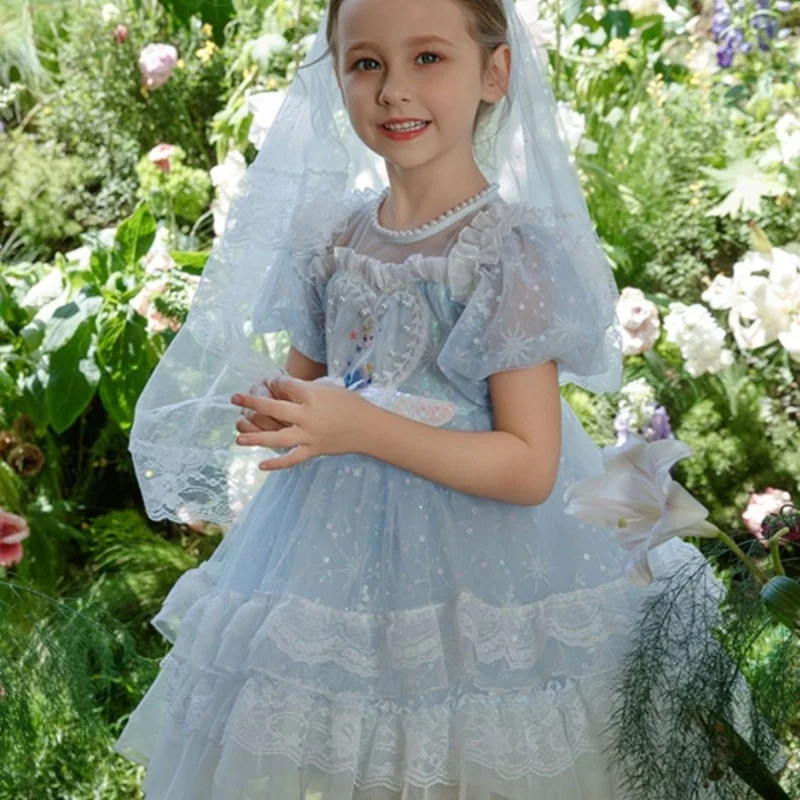 

2024 New Style Girls Elsa Princess Frozen Dress Childrens Knee-Length Mesh Dress Costume For Elsa Theme Parties