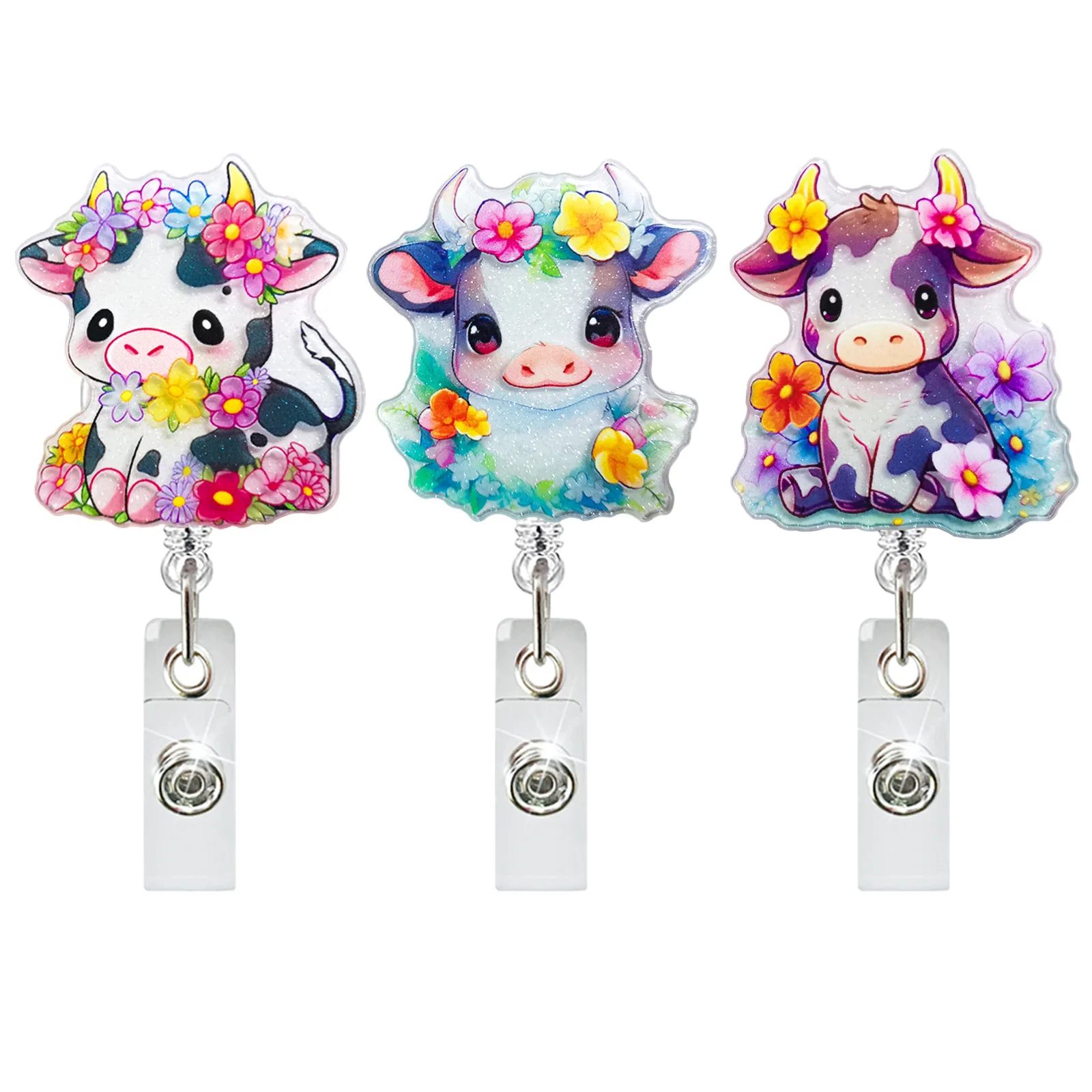 

Cow Flowers Nurse Rotate Badge Reel Workers Nurse Id Holder Girl Boy Retractable Name Card Holder Accessory Gift