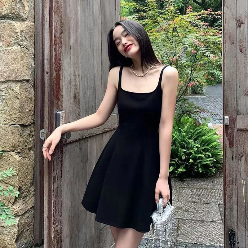 A Line Sleeveless Black Dresses Women Square Collar Spaghetti Strap Mini Dress Woman 2025 Streetwear Fashion Party Dress Female