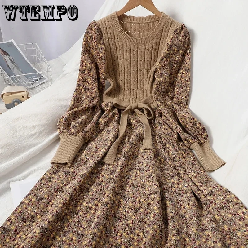 

Corduroy Floral Printing Women Dresses Vintage Knitted Patchwork Vestidos De Mujer 2023 Sweet Korean A-line Long Dress