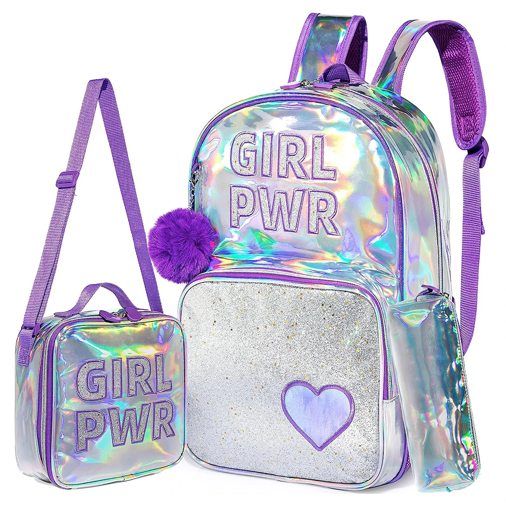 Meetbelify Bowknot Rolling Backpack For Girls - 16.5 Inch Wheeled Suitcase With Lunch Box & Pencil Case, Purple