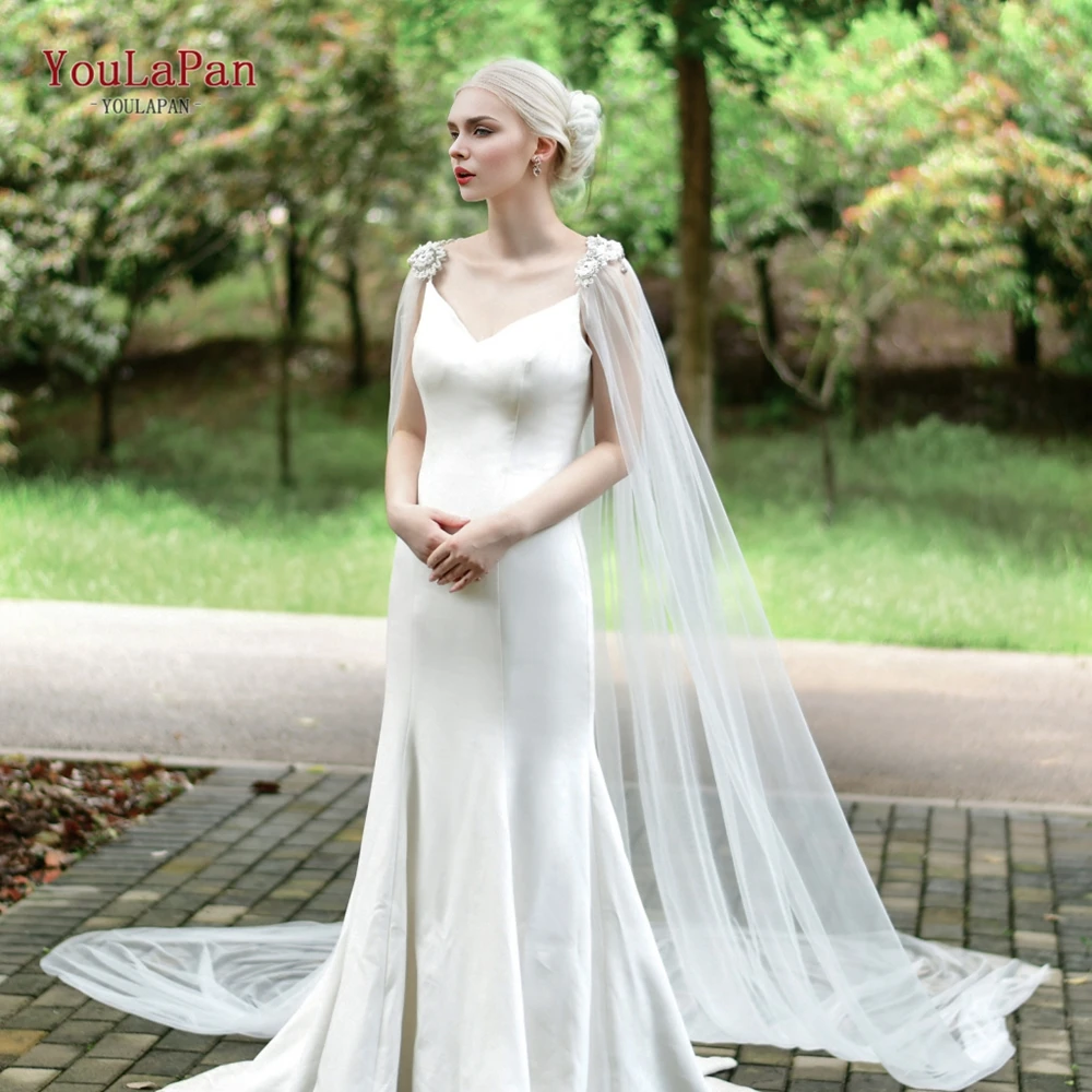 YouLaPan G21 Bridal Shawl Wrap with Pearl Diamond Marriage Luxurious 3M Wedding Cape Cloak with Lace Flower Female Jacket Coat