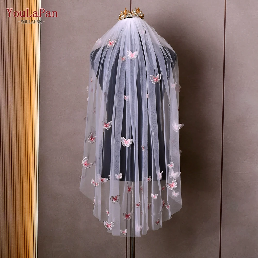 

YouLaPan V24 Elegant Bridal Short Veils Pink Wedding Veil with 3D Butterfly-Flower for Women Wedding Bride Accessories