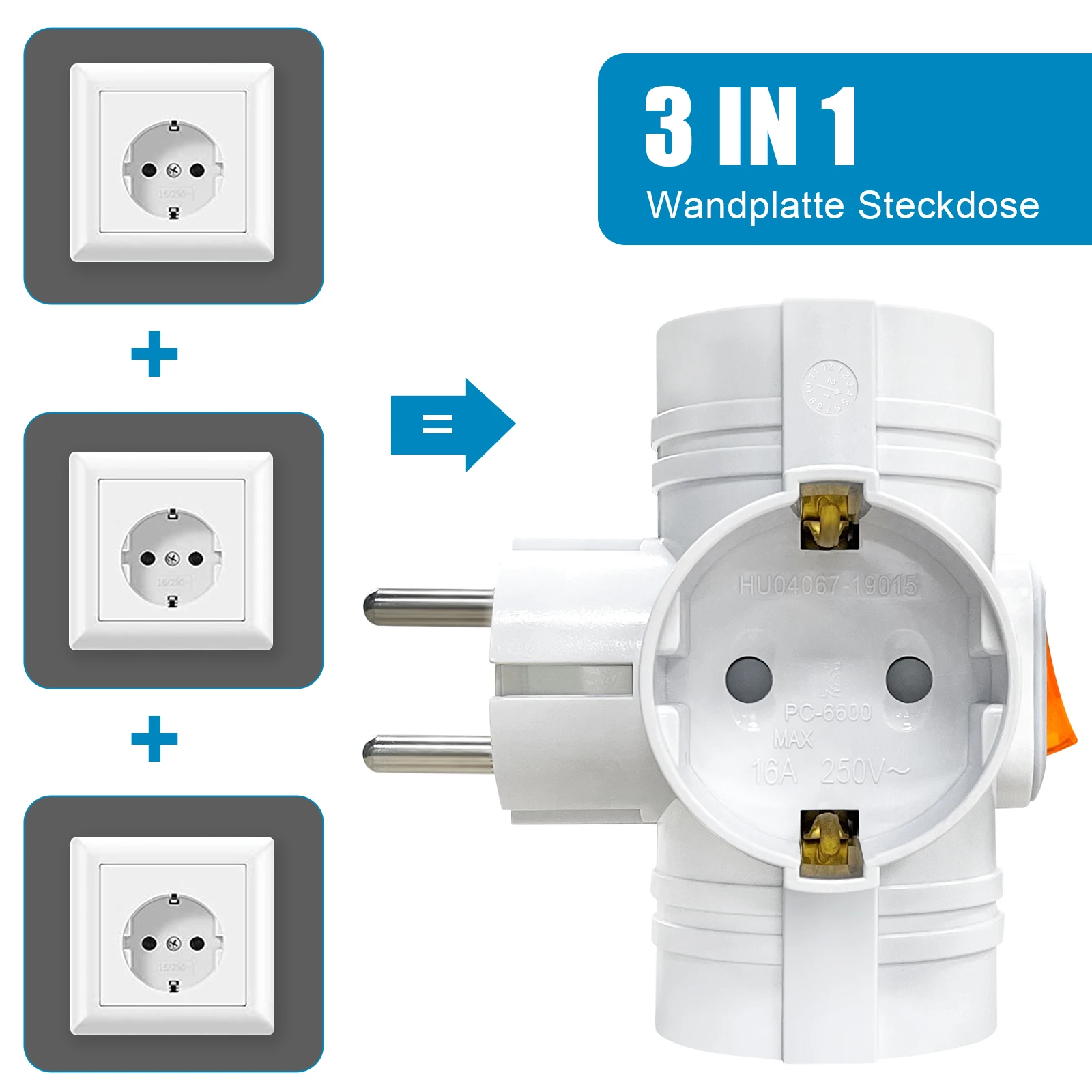 Eu Socket Adapter 3-in-1 On/Off 2-pin Expansion Socket Converter 250V/16A European German Standard