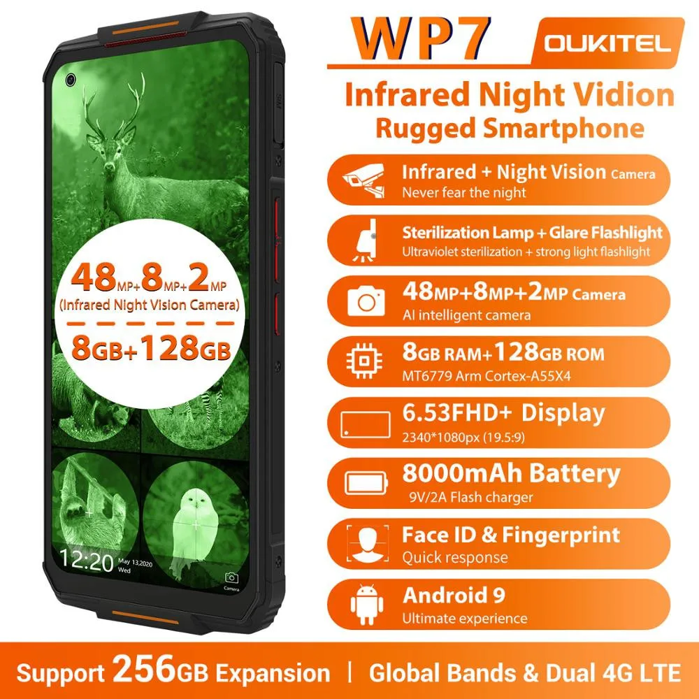 

OUKITEL WP7 6GB+128GB 8000mAh IP68 Waterproof Rugged Smartphone 6.53'' Infrared Night Vision Mobile Phone