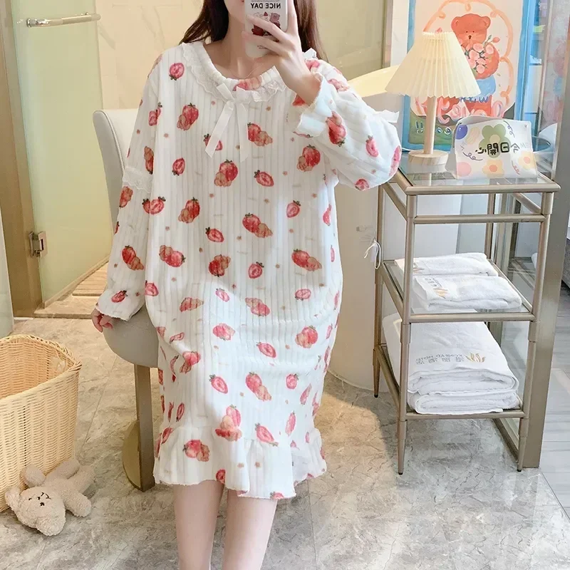 

Winter Plus Women Coral Size Cute Sleepwear Nightdress 5XL Long Sleeve Flannel Nightgowns Night for Warm Thick 2023 Velvet Dress