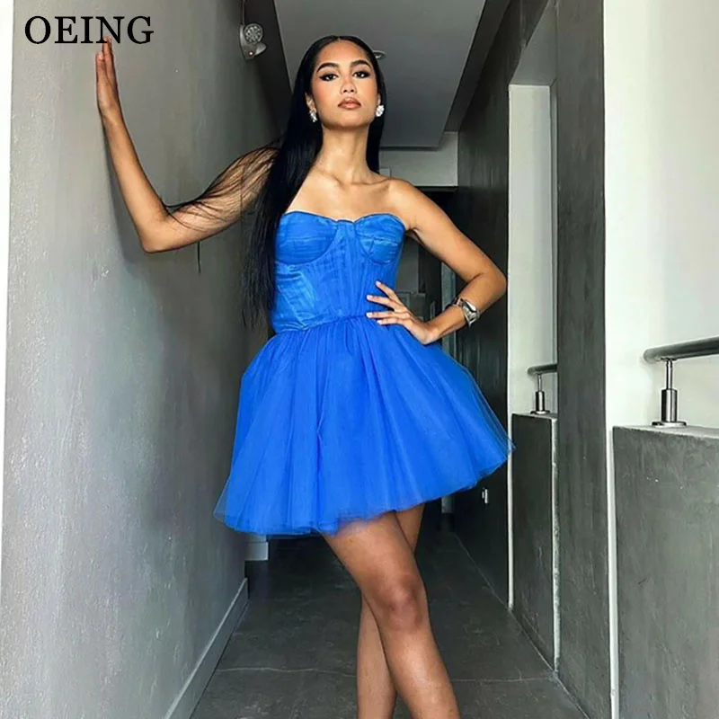 

OEING Royal Blue Prom Dresses Elegant Strapless Mini Tulle Tiered A Line Homecoming Dress Simple Party Gowns Vestidos De Fiesta