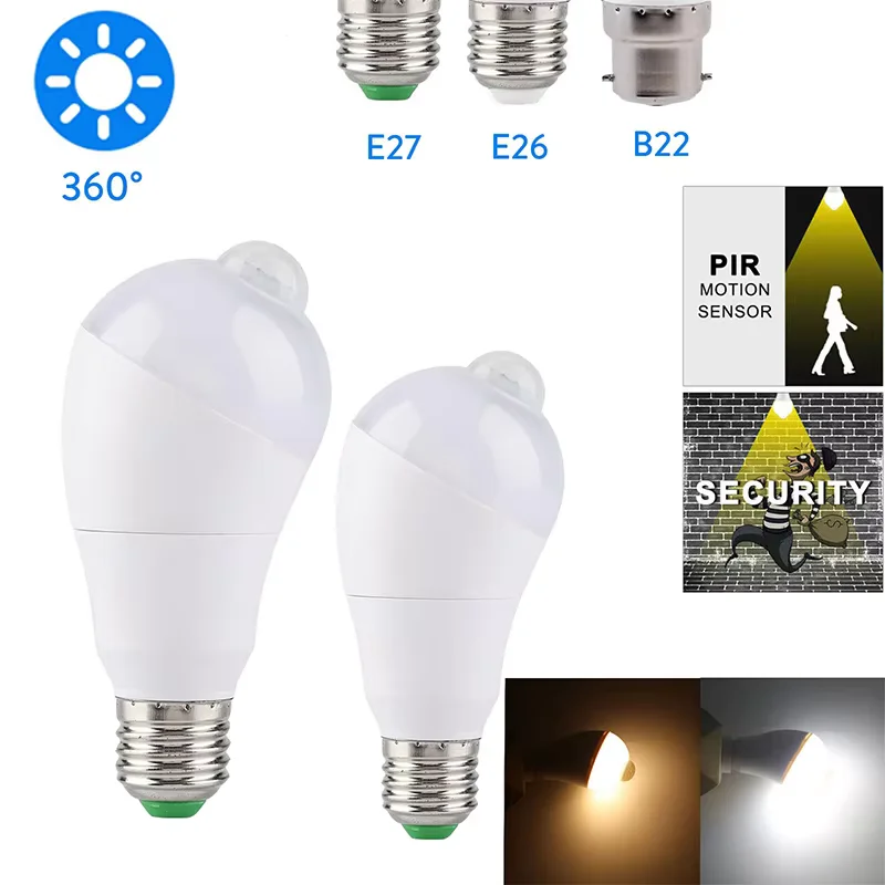 Light Bulb With Motion Sensor 7W 9W E27 E26 B22 Detector Light Dusk To Dawn Auto On/Off LED Night Light Human Induction 85-265V