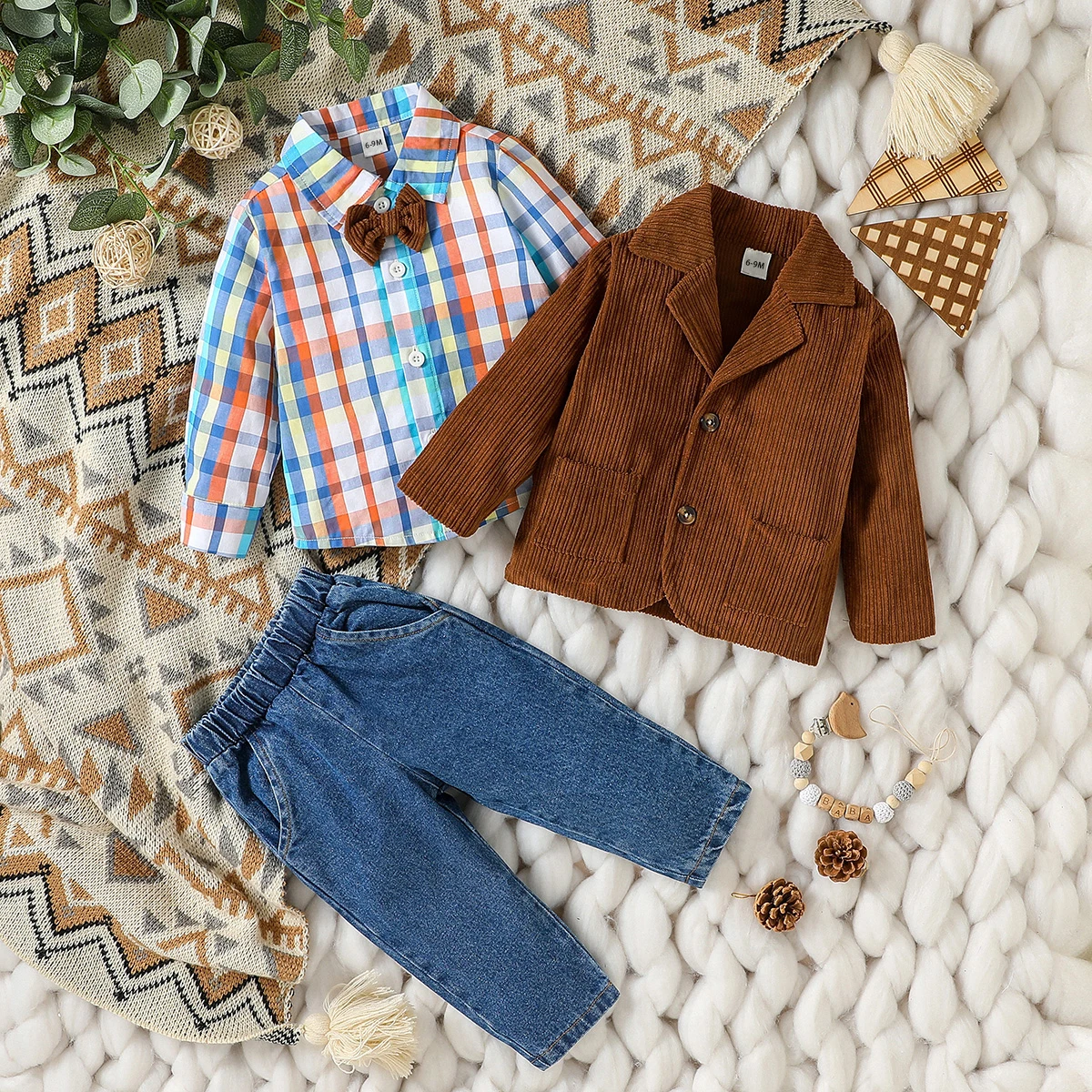 Baby Boy Plaid Shirt, Coat & Jeans Set 1