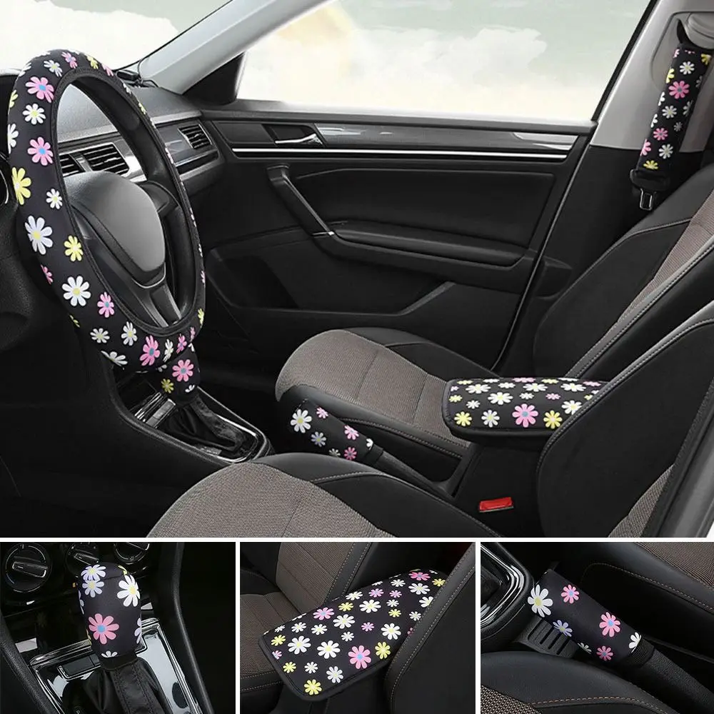 Adjustable Car Seat Belt Cover Non-Slip Shoulder Protector Handbrake Protective Daisy Car Interior Accessories for Car