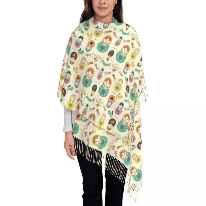 

Ladies Large Russian Matryoshka Dall Scarves Women Winter Soft Warm Tassel Shawl Wrap Russia Babushka Folk Art Scarf