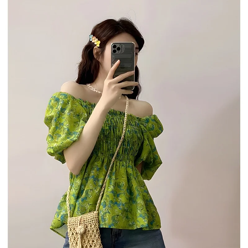 Beautiful Fashion Slimming Waist Tight Tummy Hiding Floral Chiffon Blouses for Women Summer Elegant Skirt T-shirt Short Sleeve S